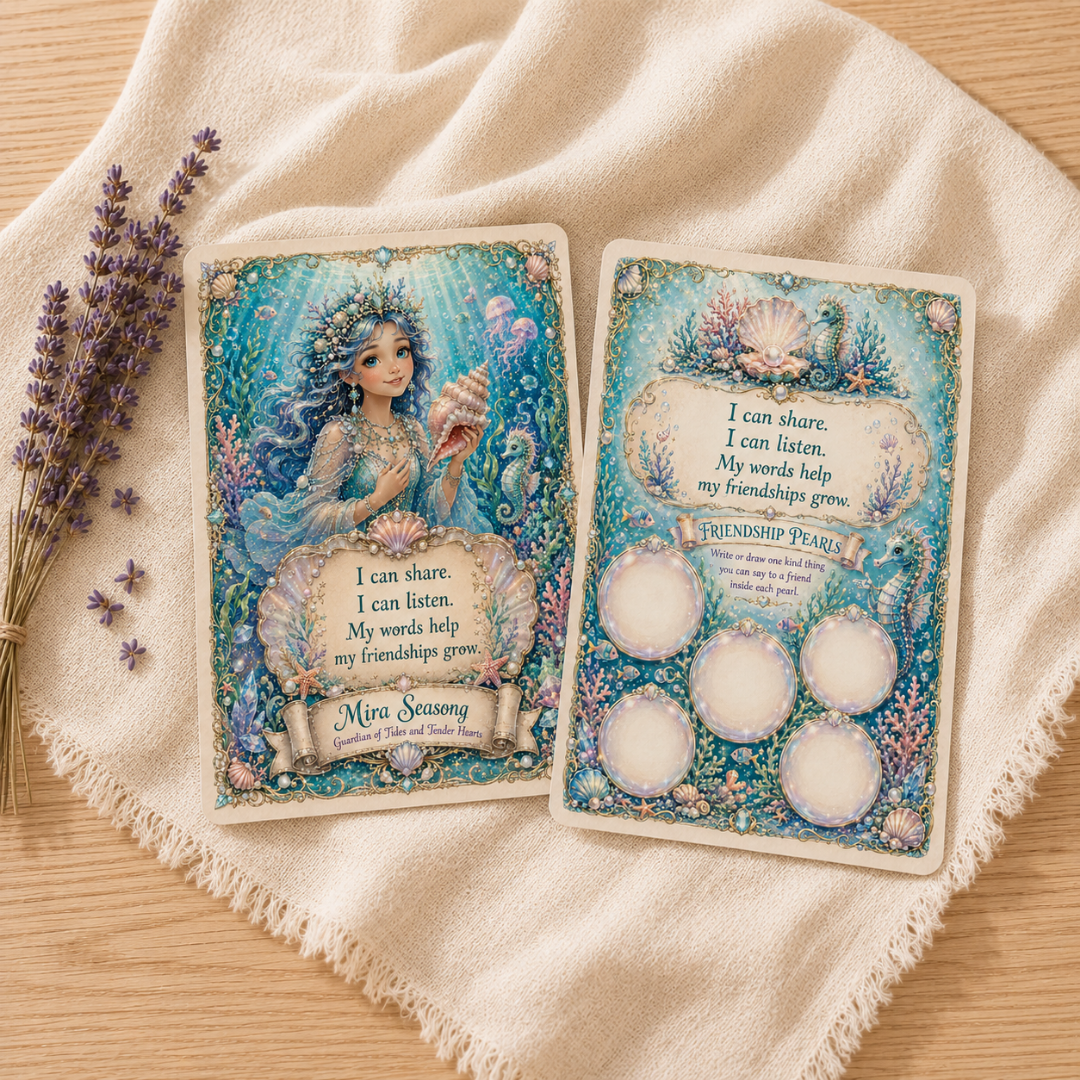 Two affirmation cards with a mermaid illustration and text on a beige cloth with lavender flowers.