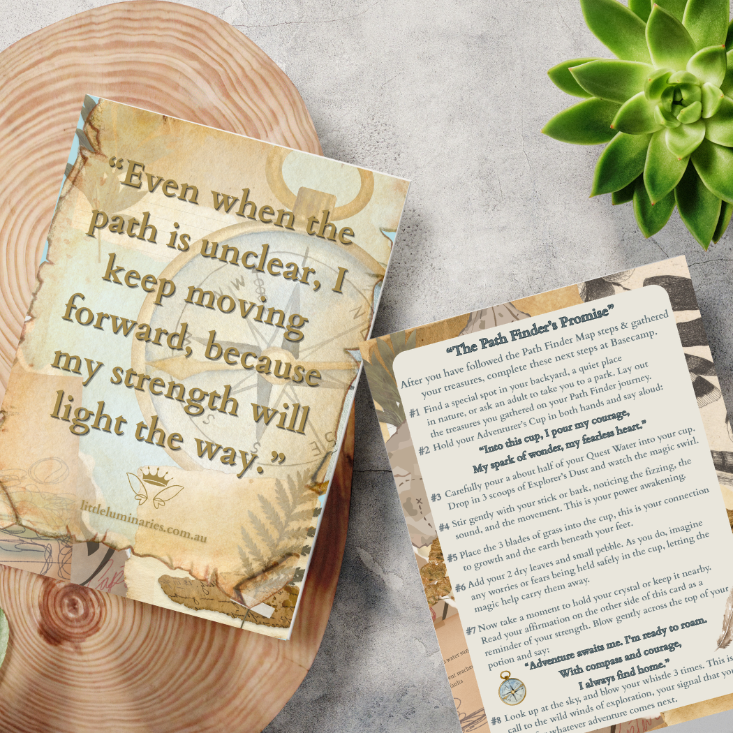 Kids explorer activity set with compass, cup, magic dust, and affirmation card for confidence