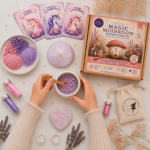 Magic Mushroom Wonder Potion Pot kit with ingredients and packaging on a light surface