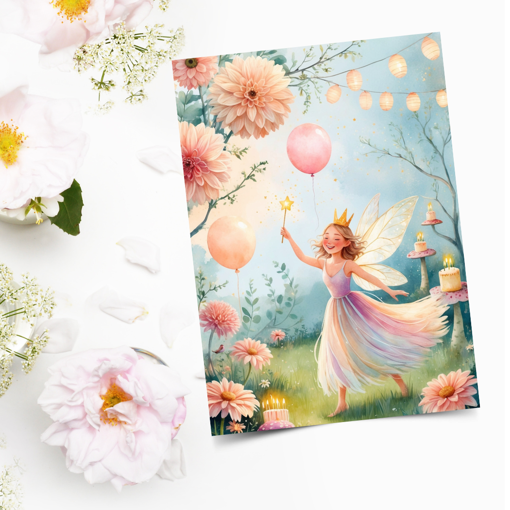 Magical fairy birthday letter for children with sparkles and envelope