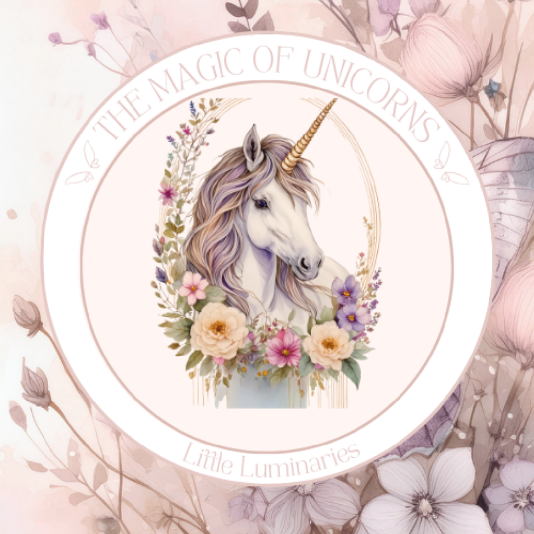 Unicorn illustration with flowers and 'The Magic of Unicorns' text on a floral background
