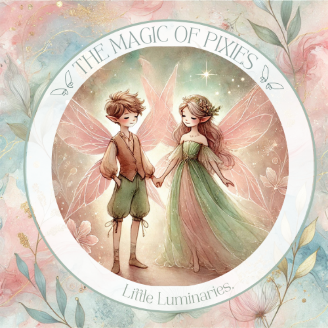 Illustration of a boy and girl fairy holding hands with floral elements and 'The Magic of Pixies' text.