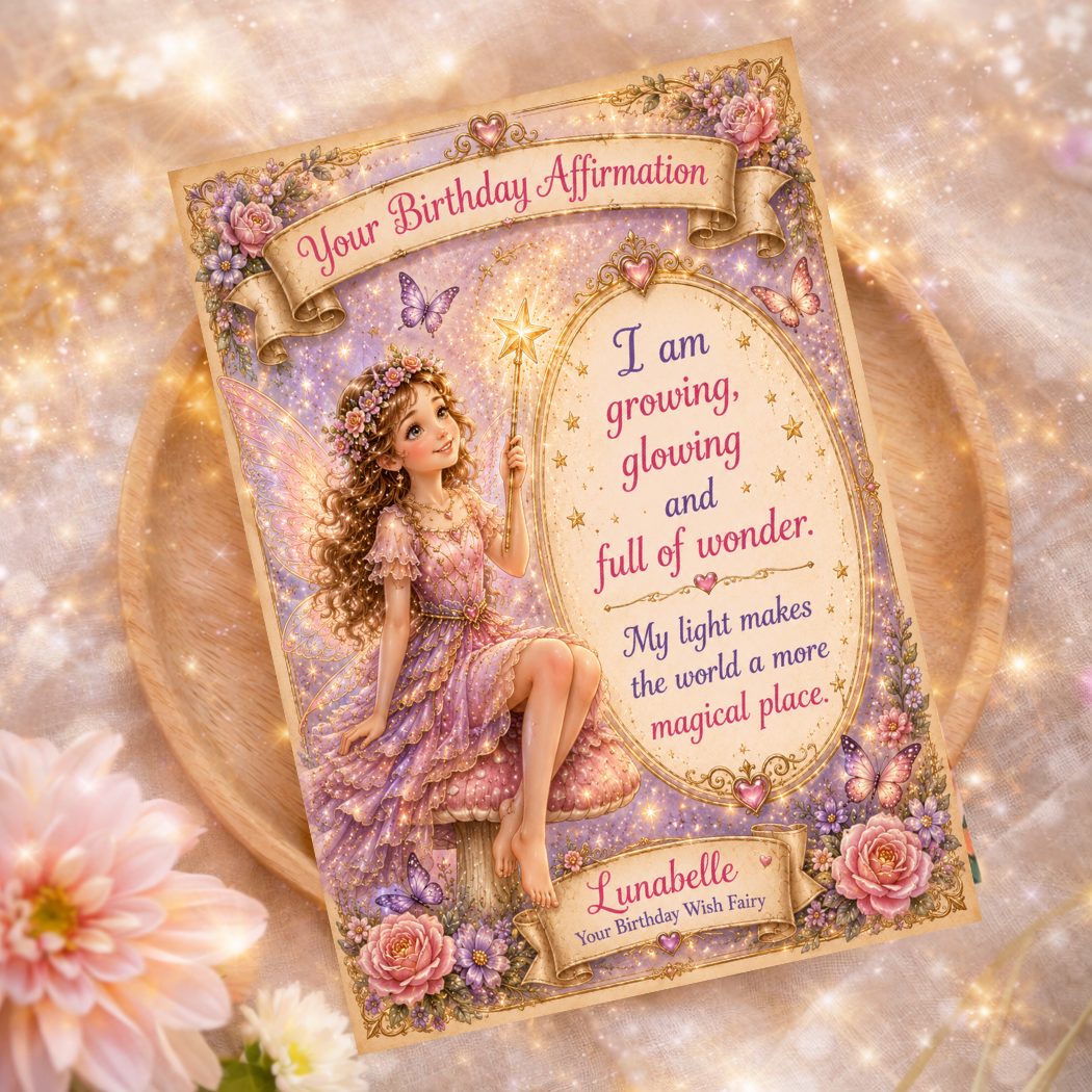 Fairy-themed birthday card with decorative elements on a sparkling background