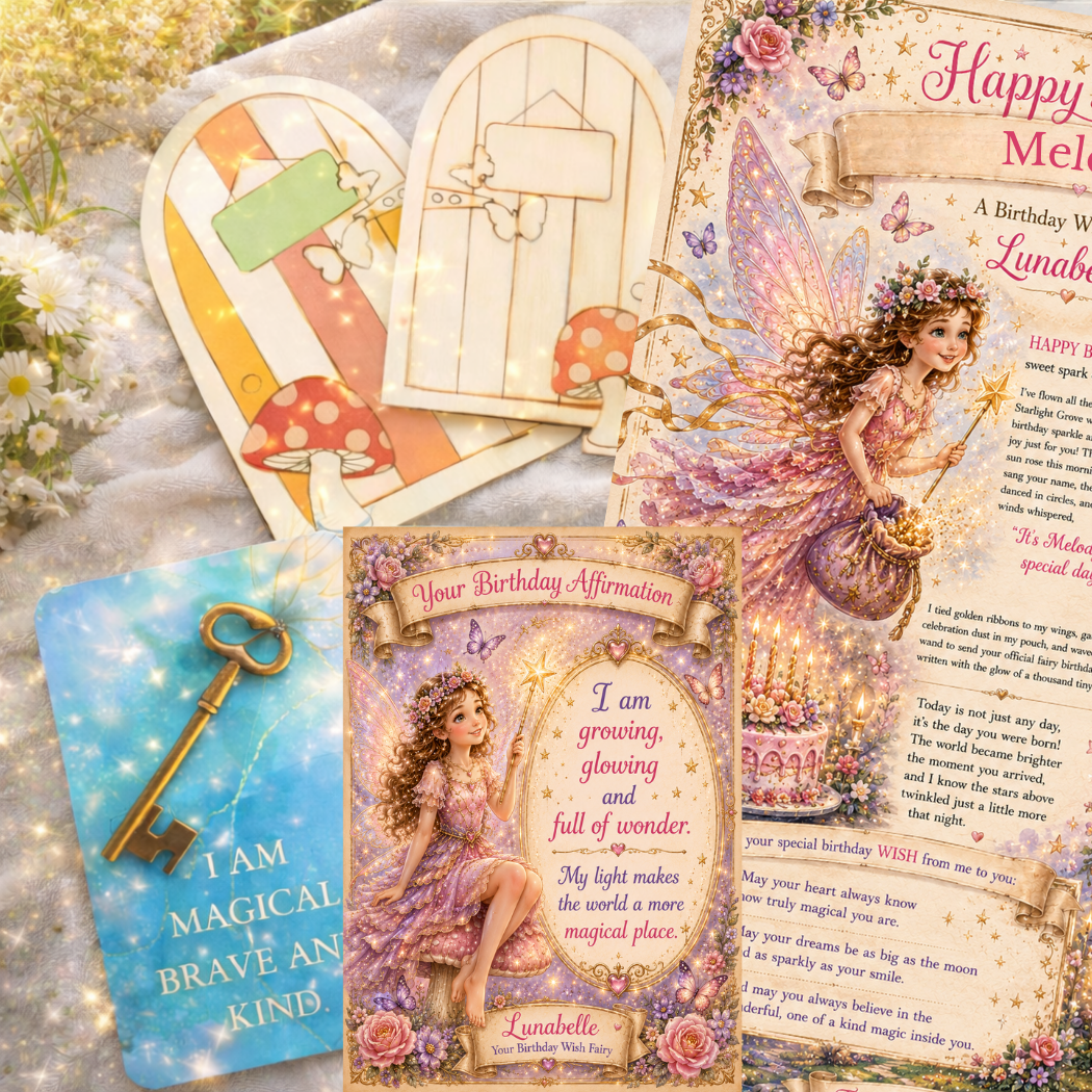 Collection of fairy-themed cards with a fairy, key, and birthday affirmation card on a natural background.