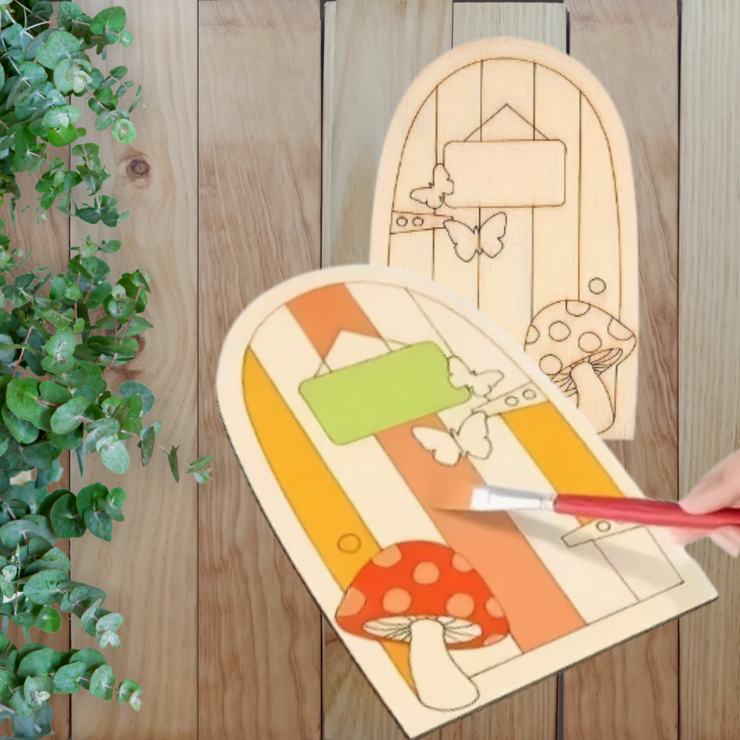 Wooden door with colorful design and a hand holding a paintbrush on a wooden surface.