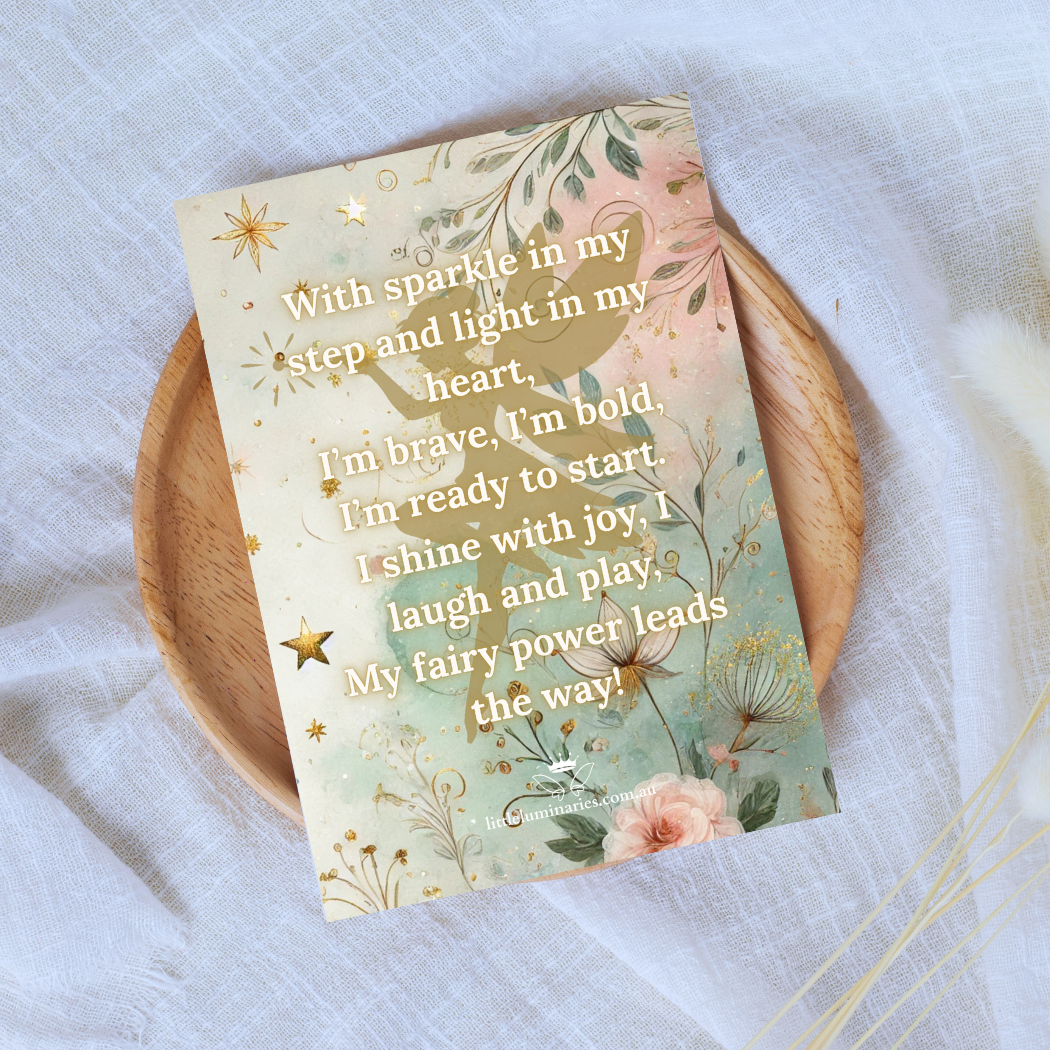 Motivational card with fairy design and inspirational quote on a white surface