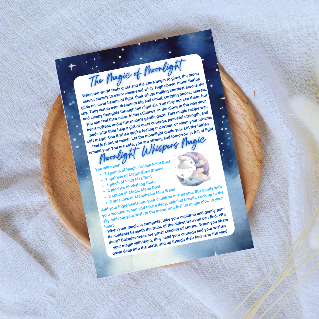 Card with text and a fairy illustration on a wooden plate with a white fabric background