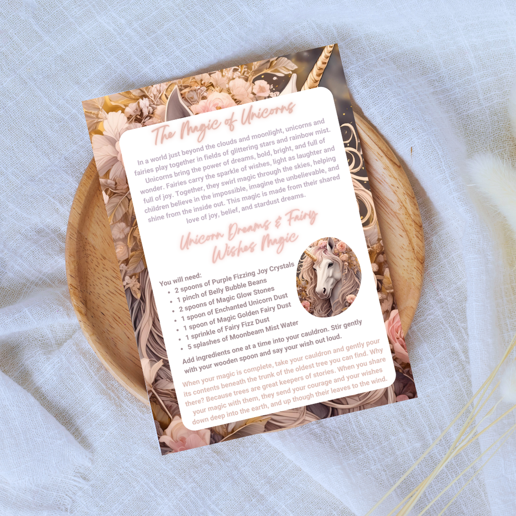 Unicorn-themed product with instructions on a wooden plate