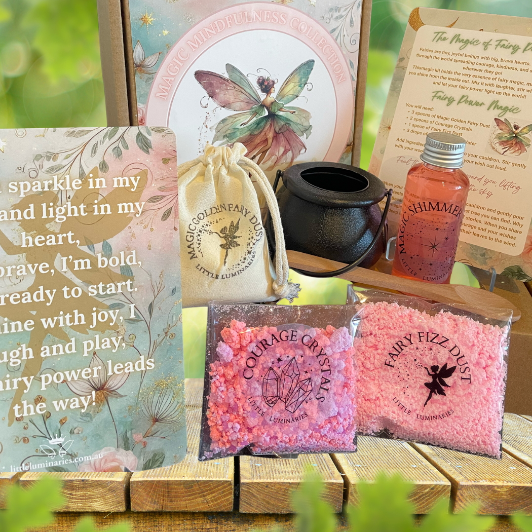 Fairy-themed products including a bottle, pouch, and bags with fairy dust on a wooden surface.