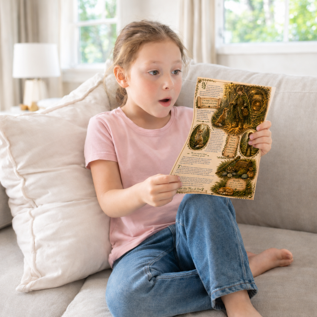 Young girl sitting on a couch holding a letter with illustrations, in a bright room.