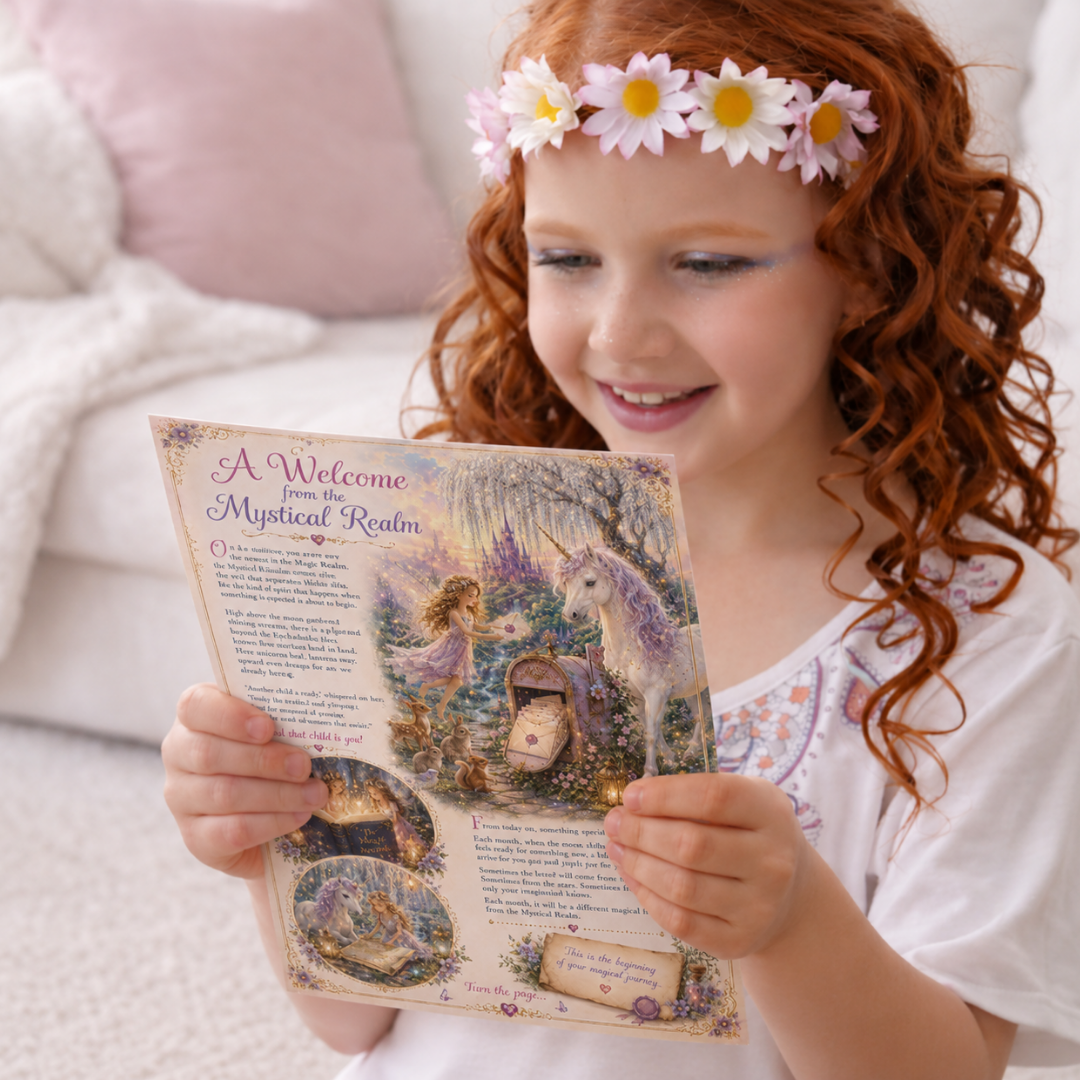 Young girl with a flower crown reading a magical letter with unicorns and fairies.