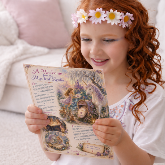 Young girl with a flower crown reading a magical letter with unicorns and fairies.