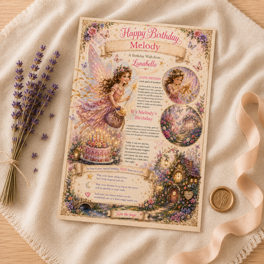 Personalised birthday letter with fairy design on a textured fabric background
