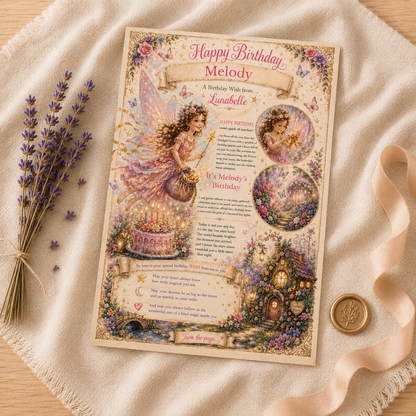 Personalised birthday letter with fairy design on a textured fabric background