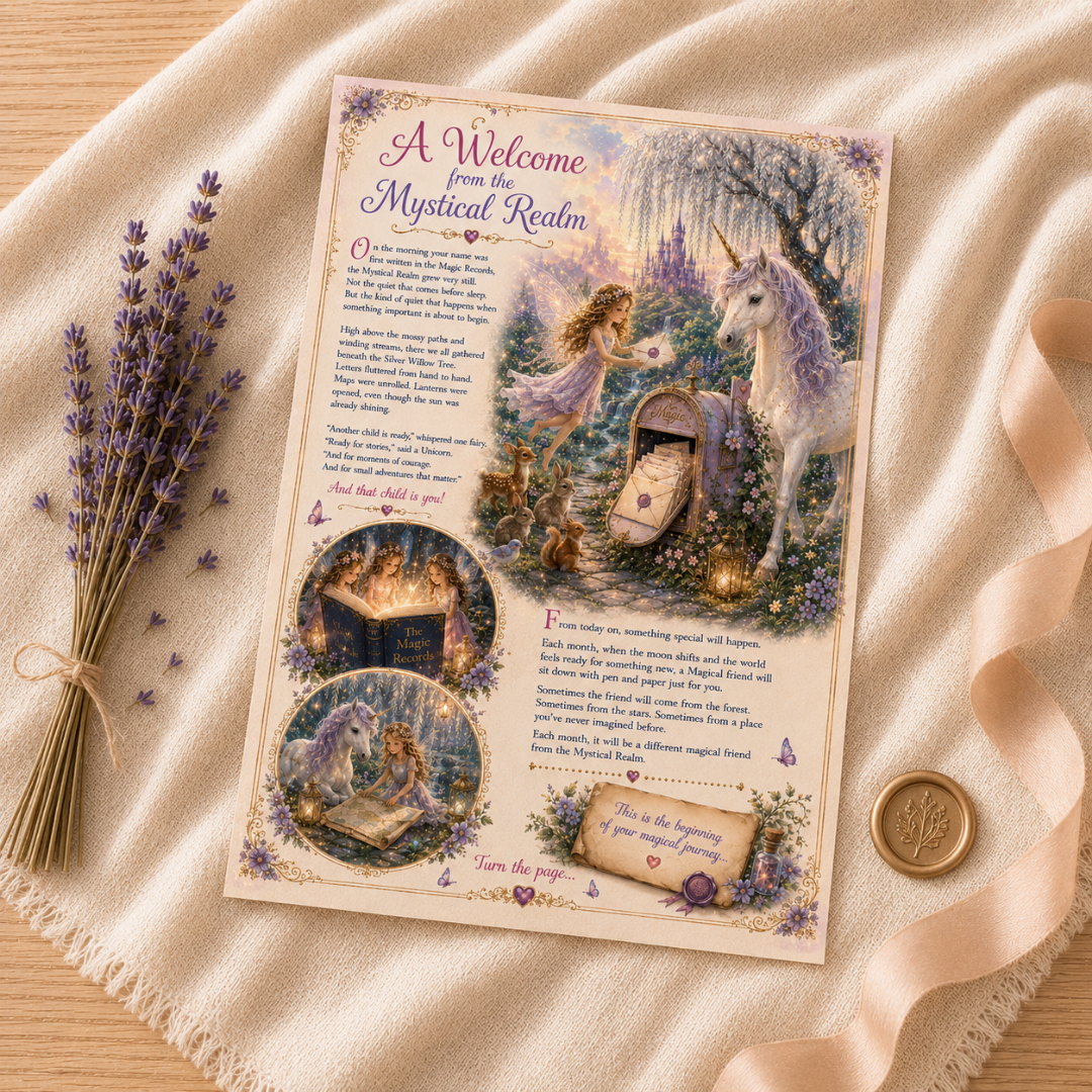 letter with unicorn and fairy illustration on a textured fabric background