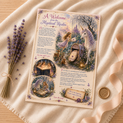 letter with unicorn and fairy illustration on a textured fabric background