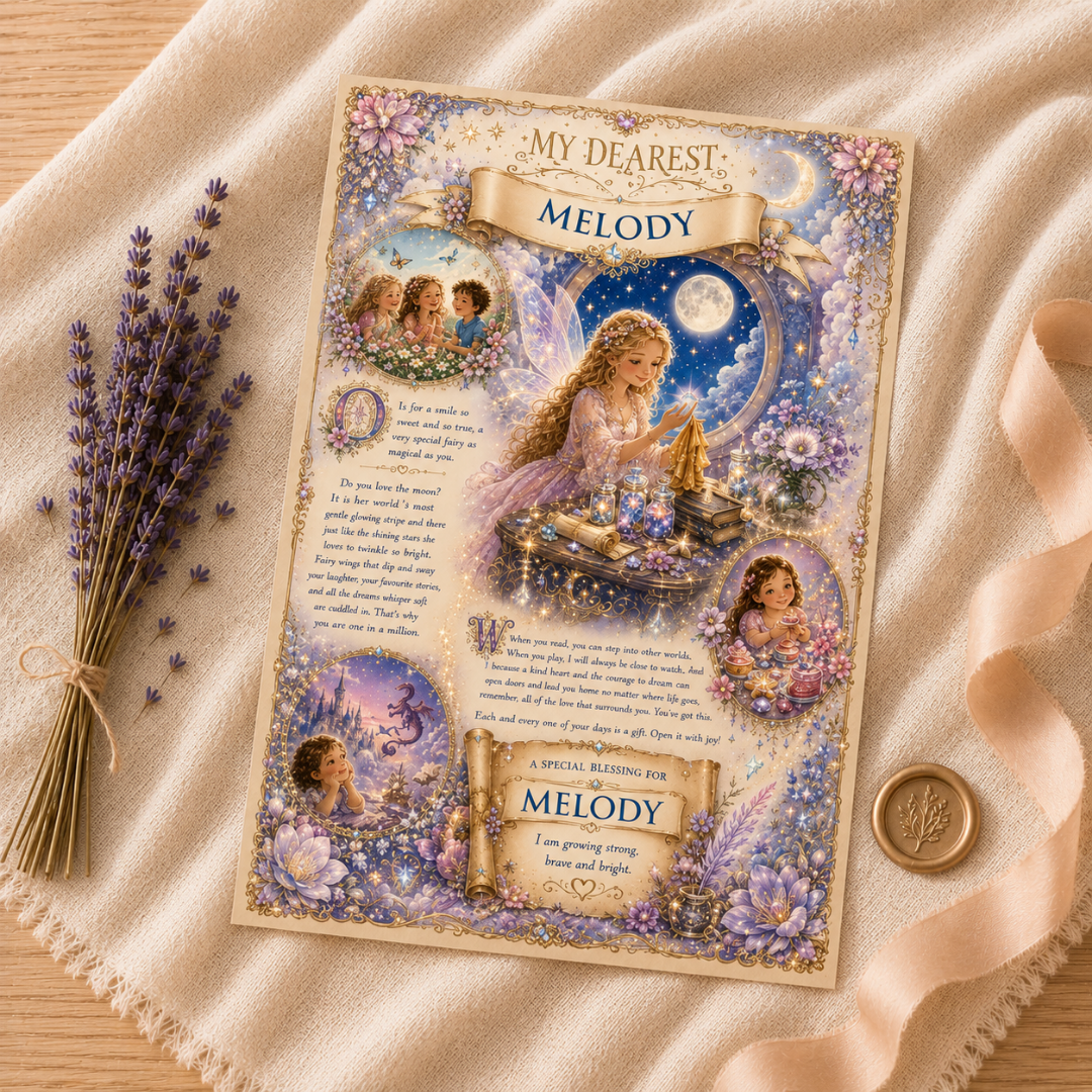 Personalized children's letter 'My Dearest Melody' on a soft fabric background with lavender flowers.