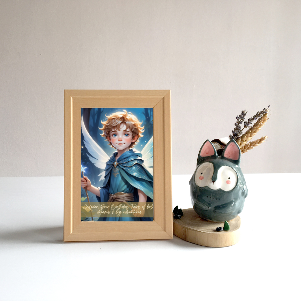 Framed artwork of a fairy with a decorative object on a white surface