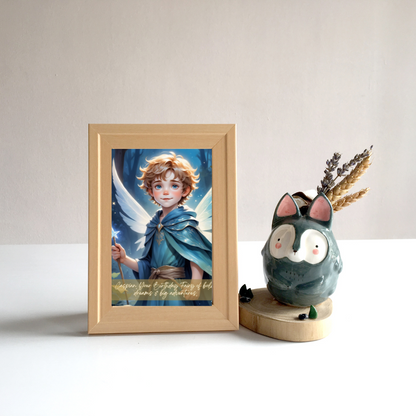Framed artwork of a fairy with a decorative object on a white surface