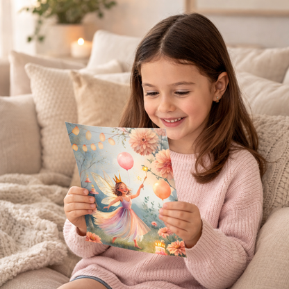 Young girl holding a colorful birthday letter with a fairy design in a cozy living room.