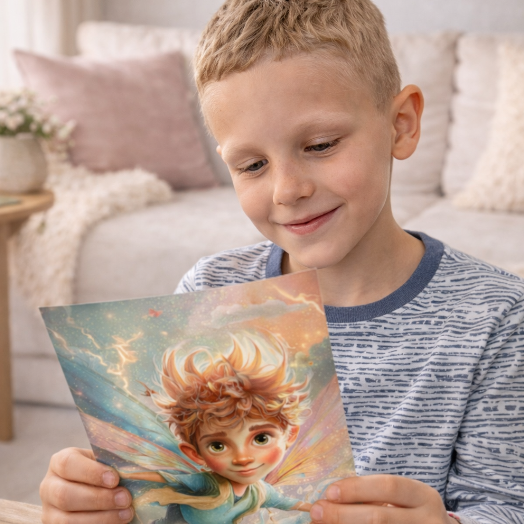Young boy holding a fairy letter with a colorful illustration of a child on the cover, sitting on a couch.