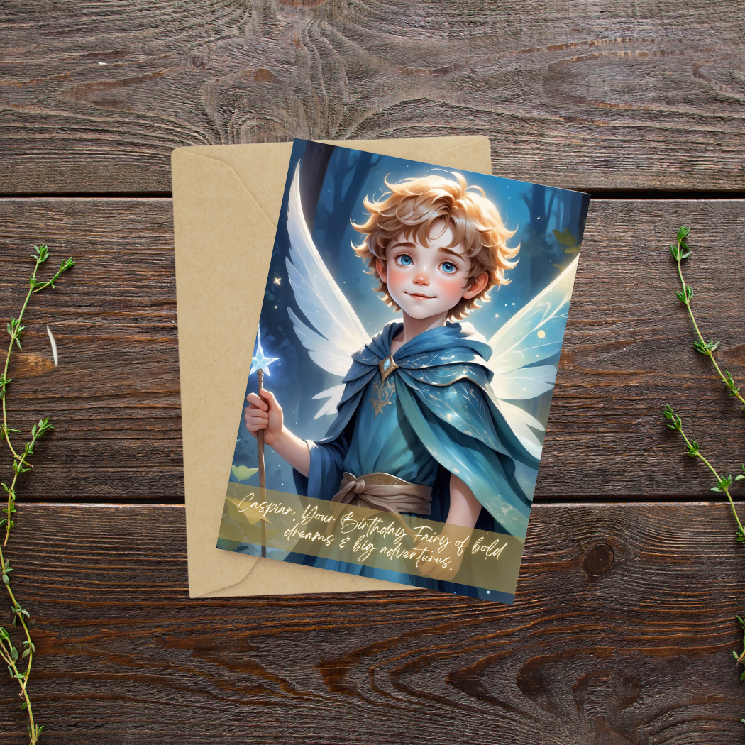 Greeting card with an illustration of a fairy on a wooden surface