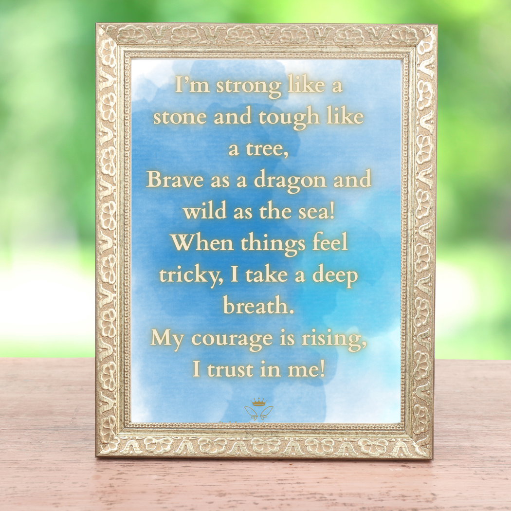 Framed motivational quote on a blue background with a decorative gold frame.