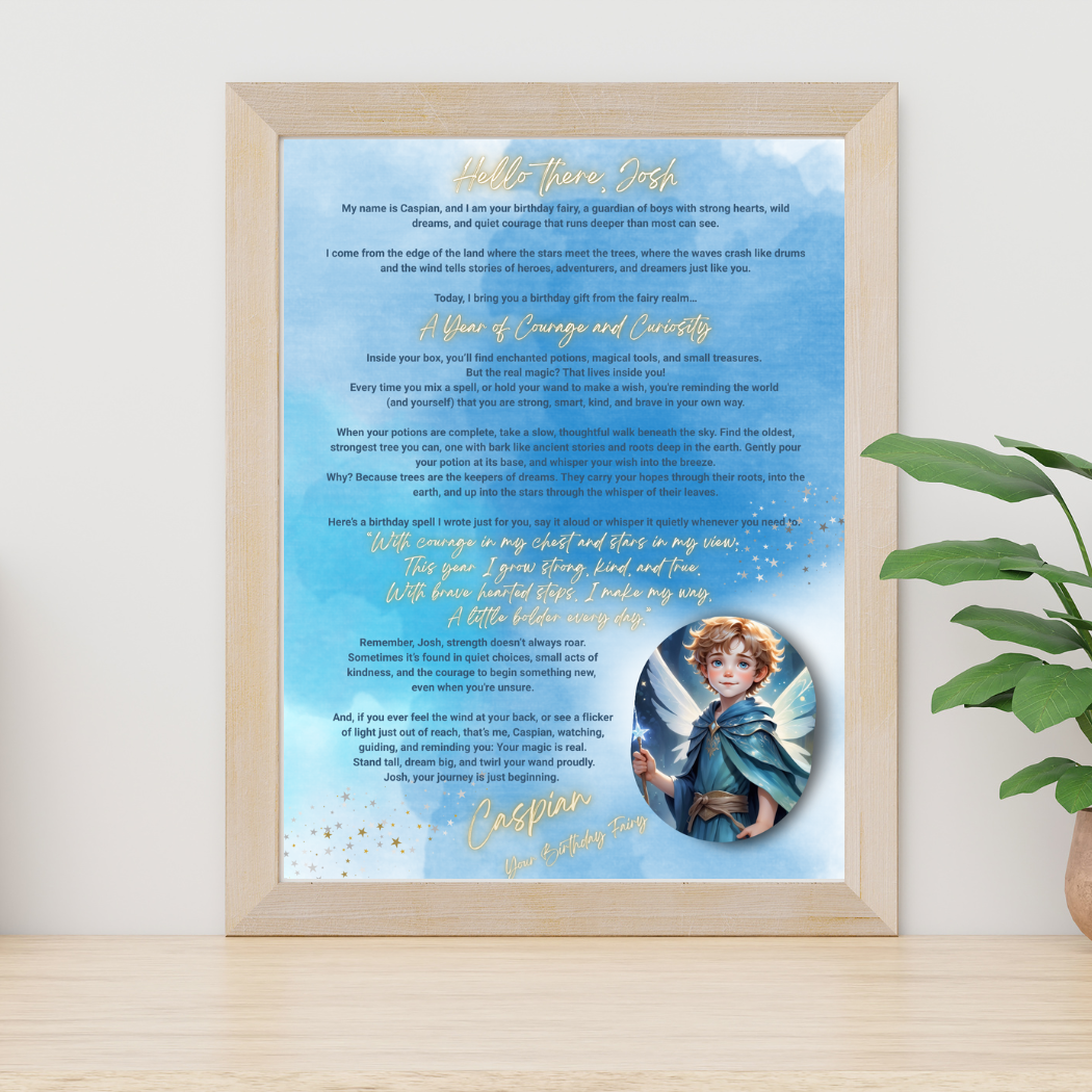 Framed artwork with a blue background and text, featuring an illustration of a child in a circular inset.