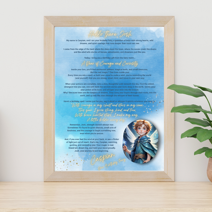 Framed artwork with a blue background and text, featuring an illustration of a child in a circular inset.