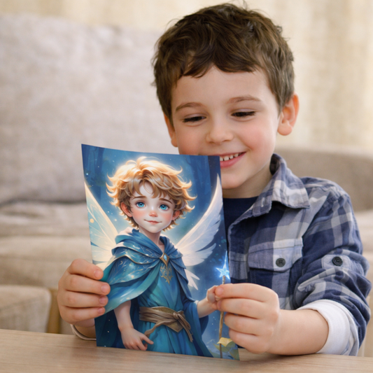 Child holding a birthday fairy letter with an illustration of a boy in a blue cloak.