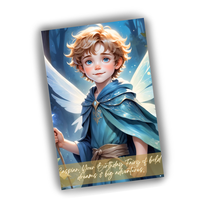 Greeting card with an illustration of a fairy boy holding a wand, with text on a white background.