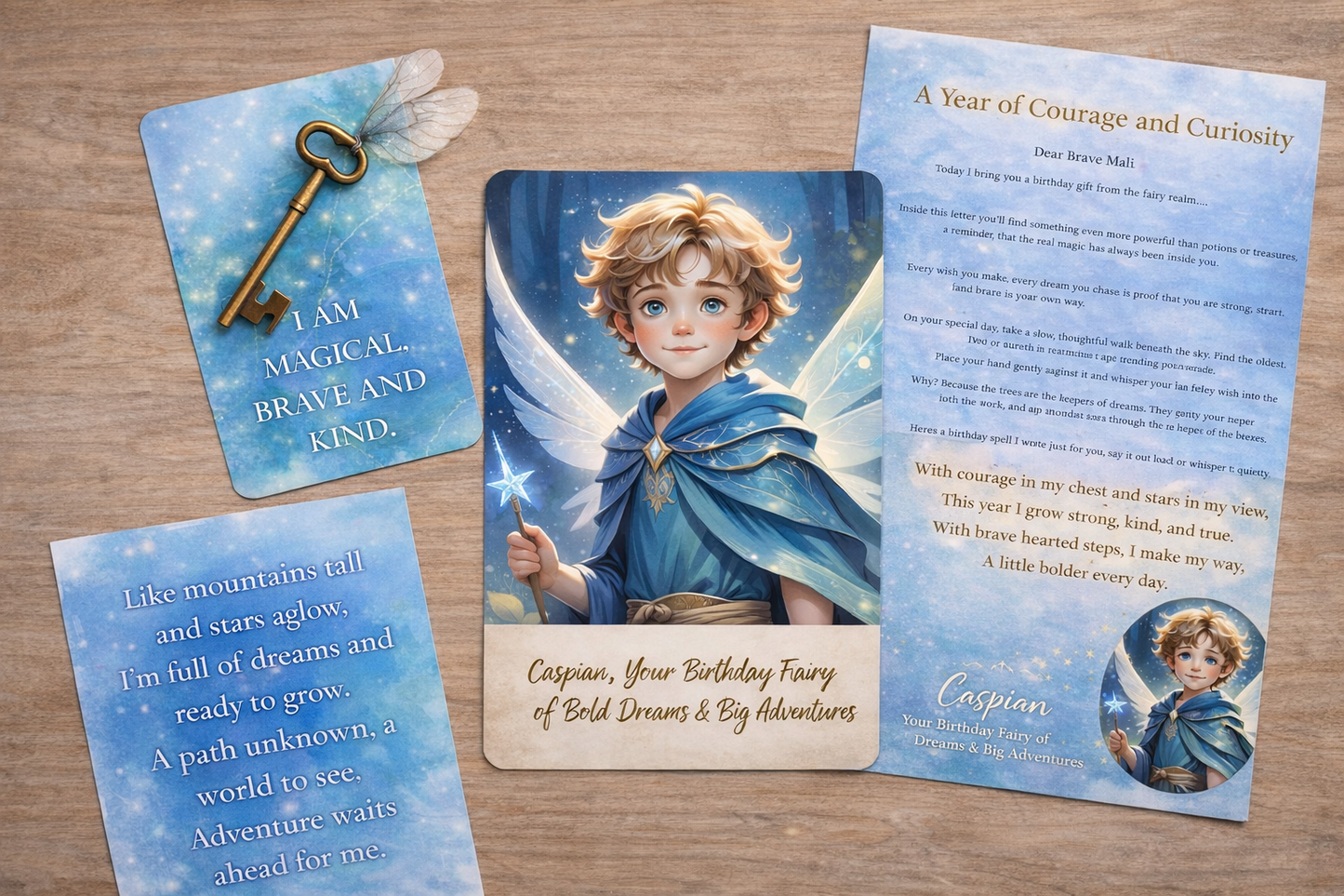 Set of cards featuring an angelic character with inspirational text on a wooden surface
