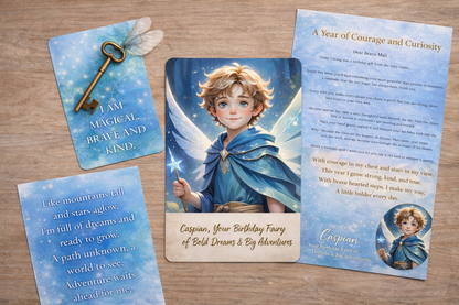 Set of cards featuring an angelic character with inspirational text on a wooden surface