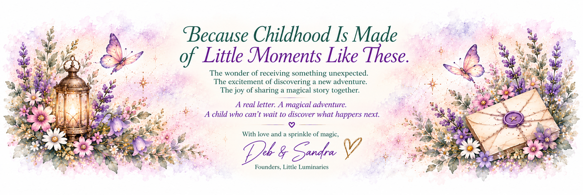 a beautiful watercolour image of letters and lanterns with a magical sign off from the founders of little luminaries