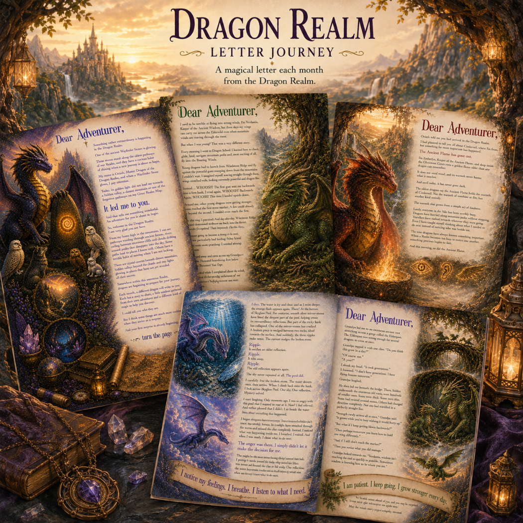 A fantasy-themed book cover and several open letter pages arranged together under the title 'Dragon Realm Letter Journey.' The artwork shows a dragon, a castle, lanterns, crystals, and magical objects in a warm golden scene.
