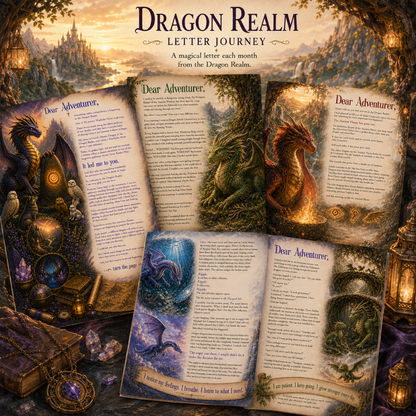 A fantasy-themed book cover and several open letter pages arranged together under the title 'Dragon Realm Letter Journey.' The artwork shows a dragon, a castle, lanterns, crystals, and magical objects in a warm golden scene.