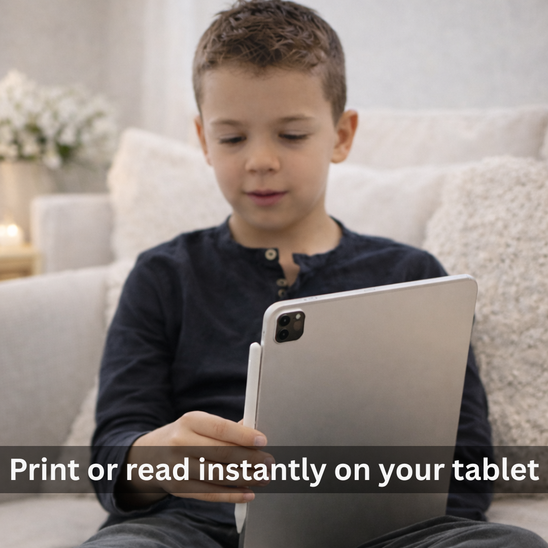 Child using a tablet with text overlay 'Print or read instantly on your tablet' in a living room setting.