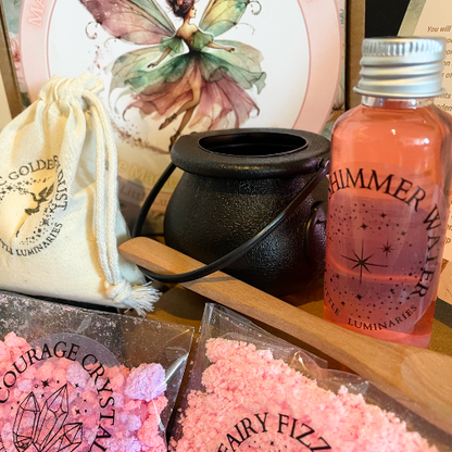 Fairy-themed mindfulness play kit with shimmer water and golden cauldron

