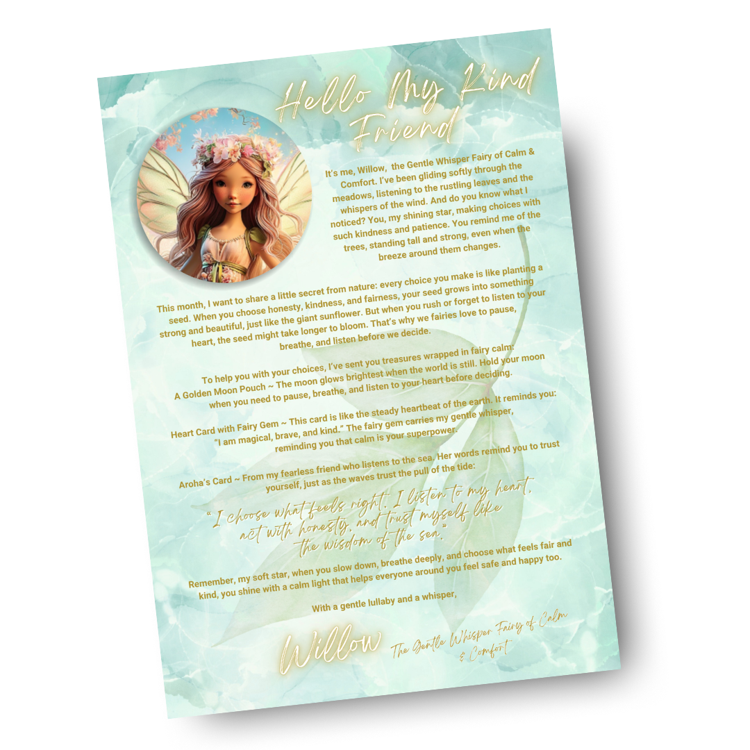 Fairy-themed card with text and a fairy illustration on a light blue background