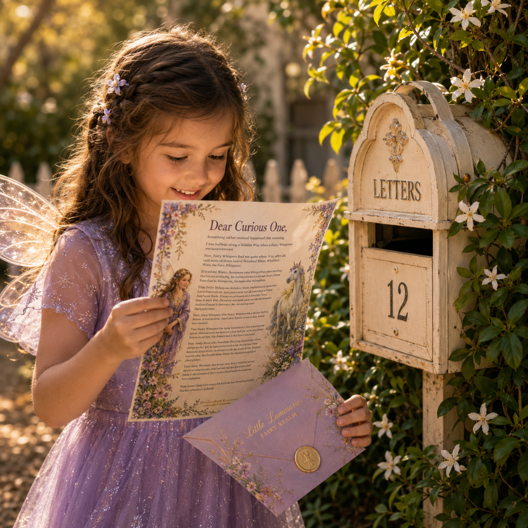A young girl with fairy wings and hair accessories reads a decorative letter next to a vintage-style mailbox labeled 'Letters 12' in a sunlit garden setting.
