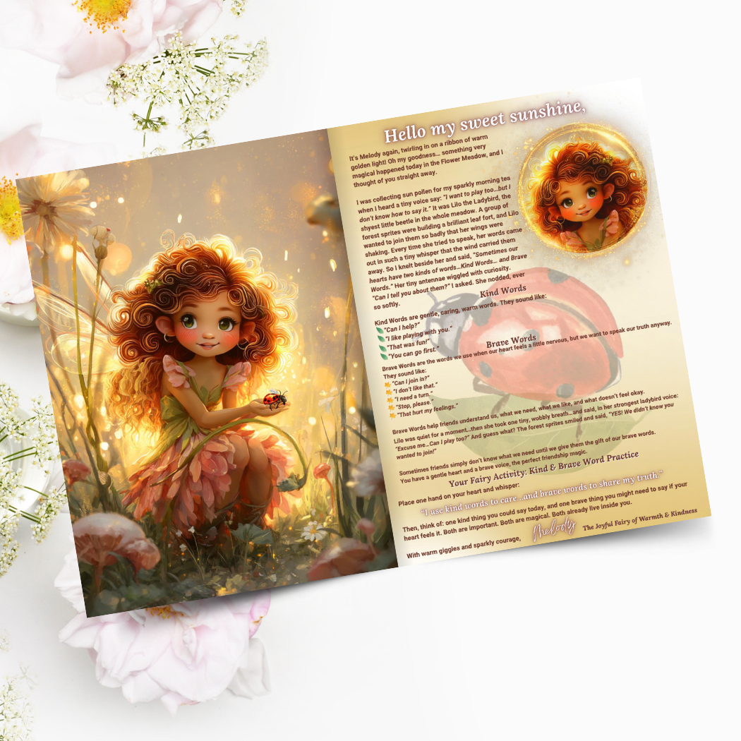 Greeting card with fairy illustration and text on a white background