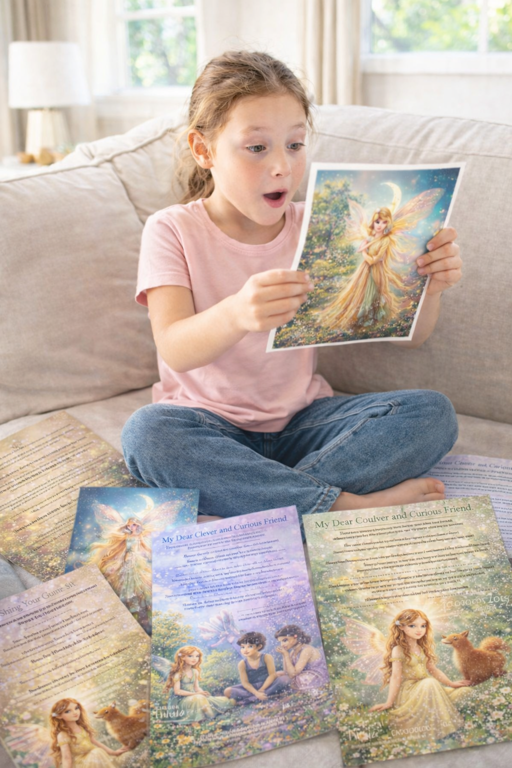 Young girl holding a picture of a fairy on a couch with other fairy-themed items around her.