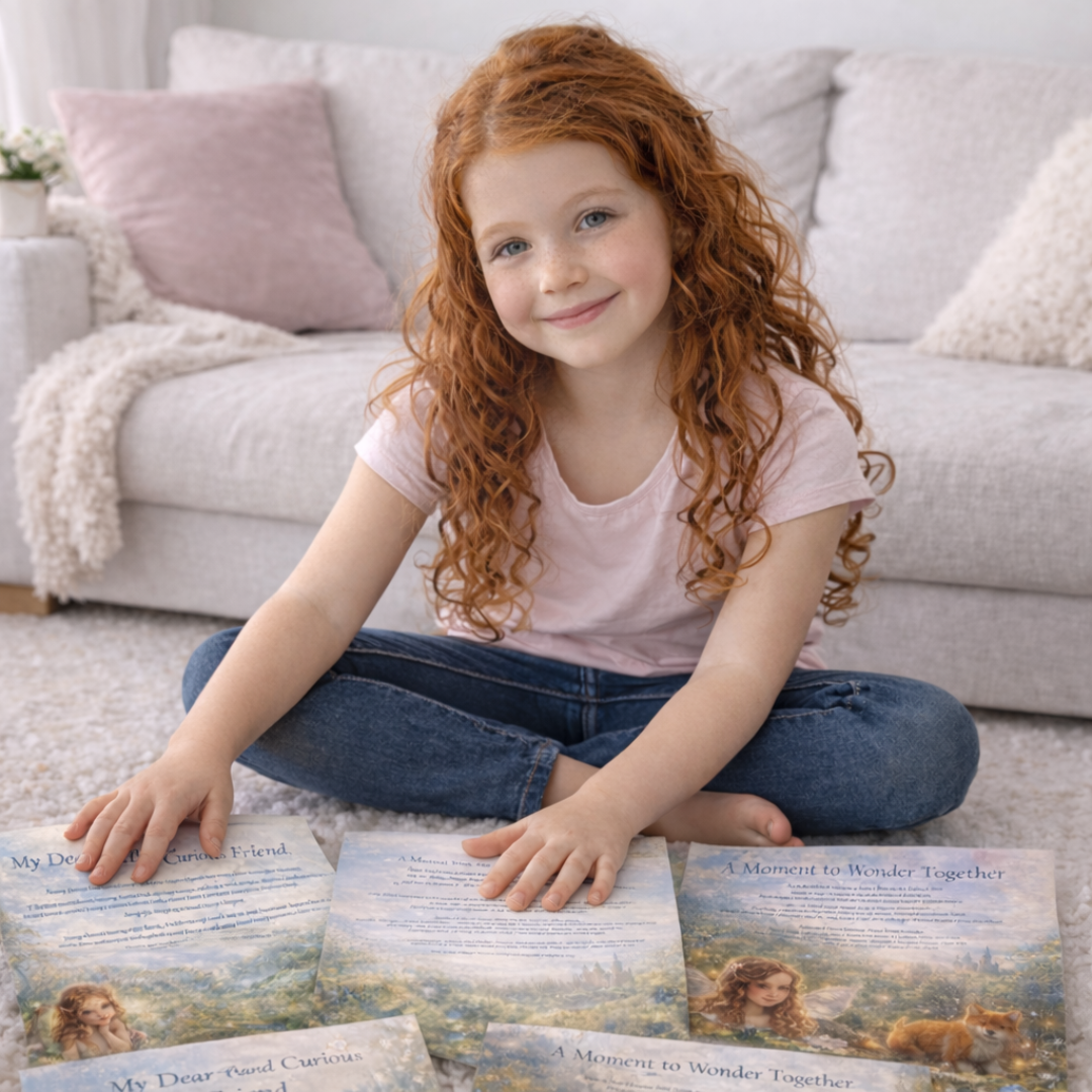 Young girl with red hair sitting on the floor with fairy letters in a cozy living room.