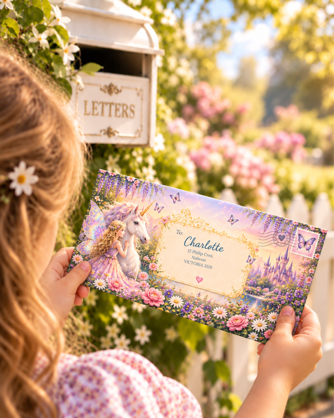 A girl outdoors holds a colorful personalised letter  featuring a unicorn, flowers, and a castle. The scene is bright and sunny with greenery, pink flowers, and a mailbox in the background.