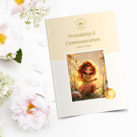 Book titled 'Friendship & Communication' with a fairy illustration on a white surface with flowers.