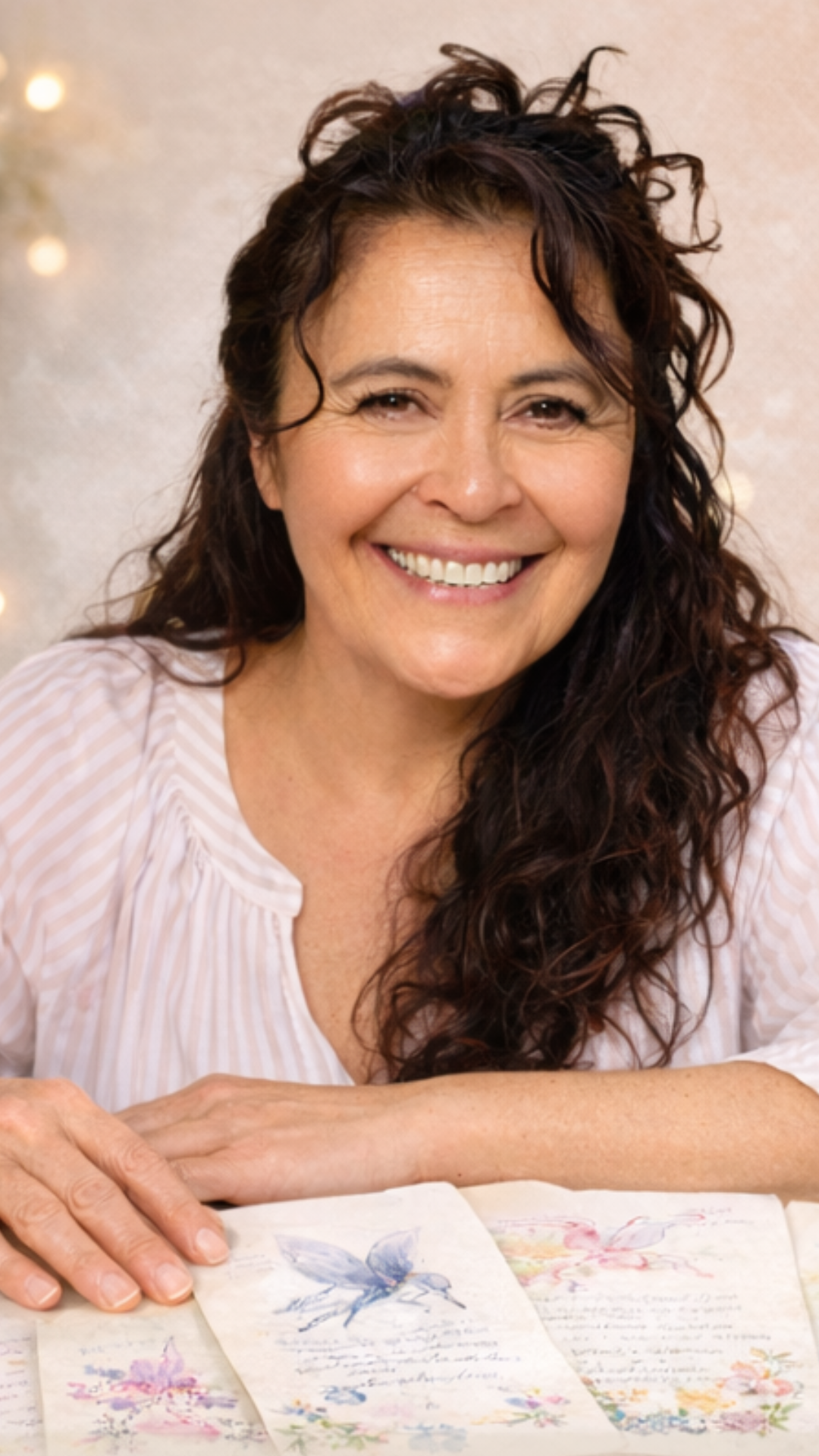 Woman with long dark hair smiling at the camera with a light background