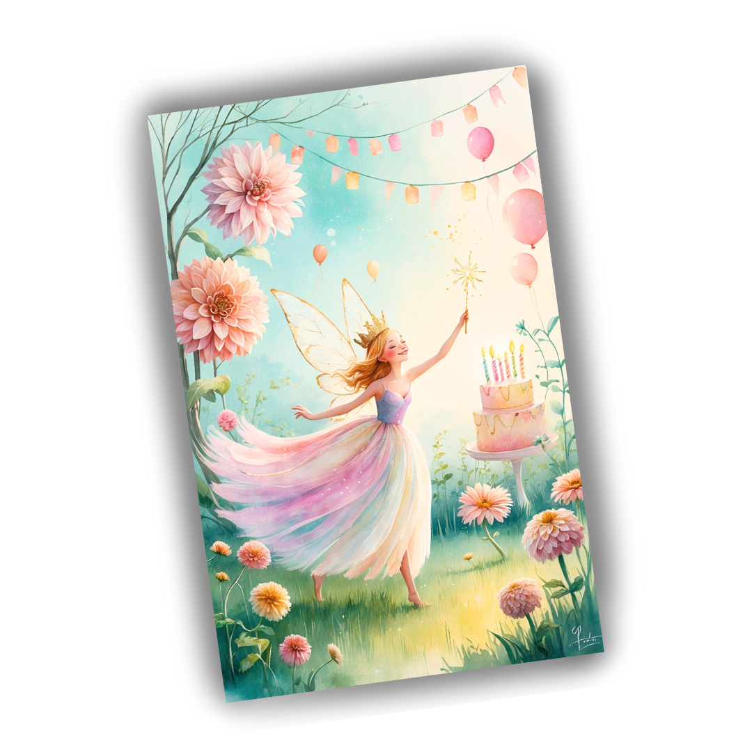 Fairy in a garden with flowers and balloons, holding a birthday cake with candles.