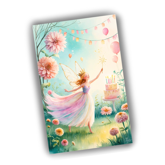 Fairy in a garden with flowers and balloons, holding a birthday cake with candles.