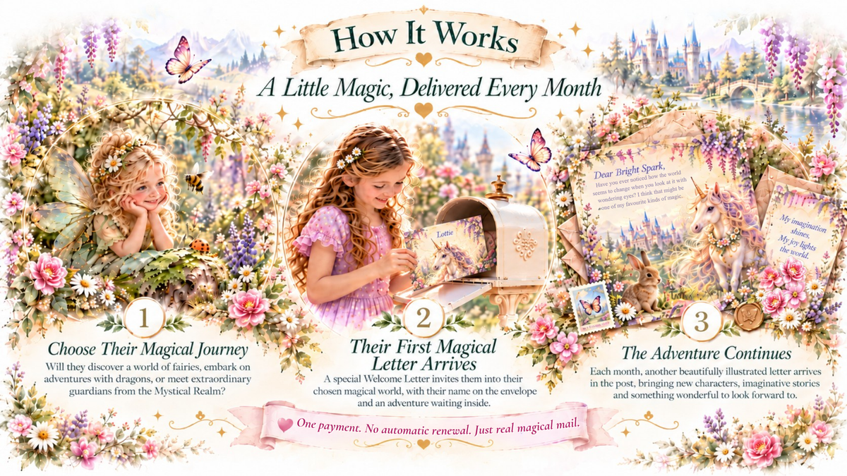 info graphic showing the steps of the mail journey with beautiful unicorns and flowers