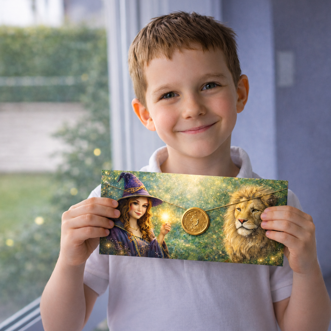 Boy holding envelope and smiling